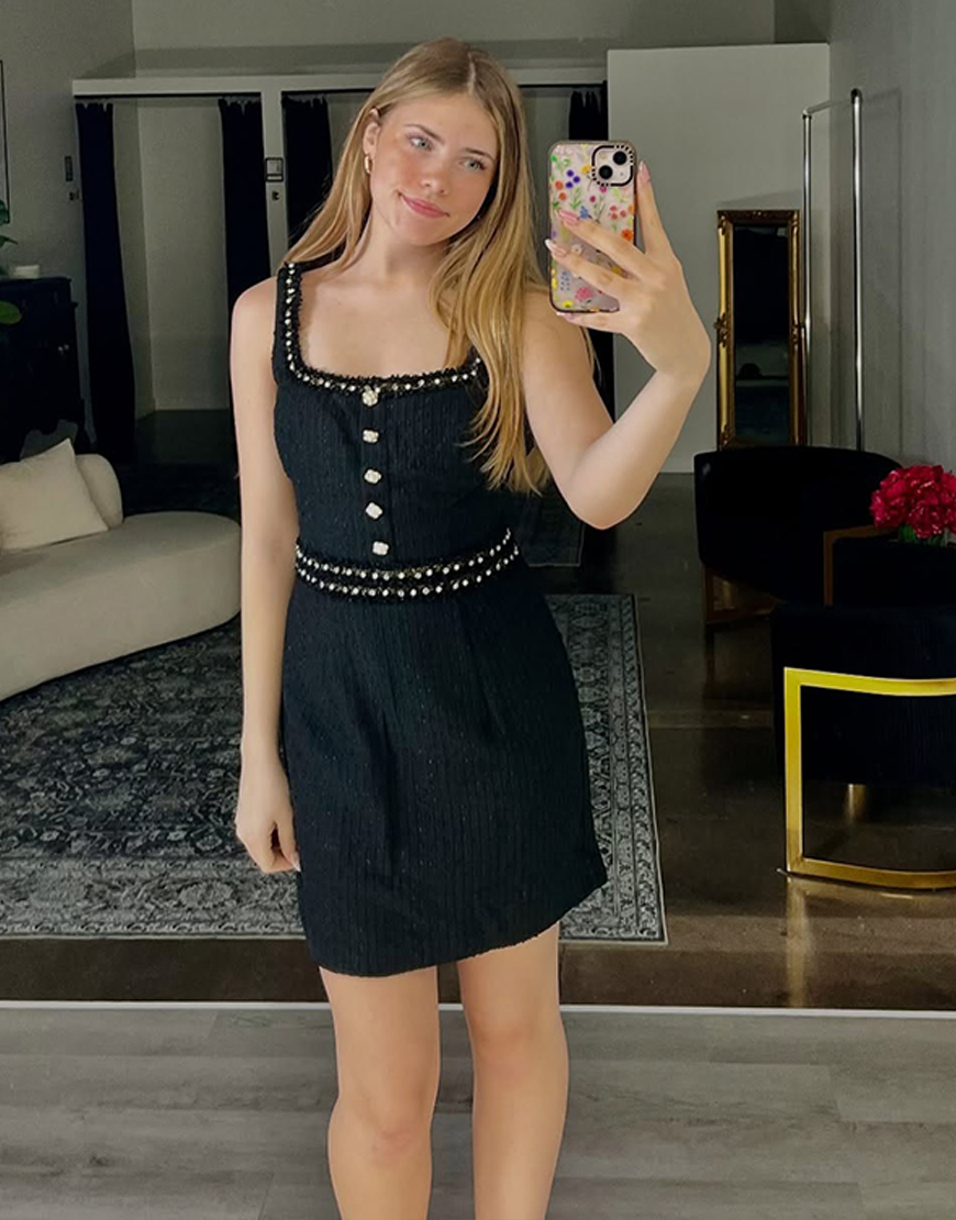 Sparkly Black Tight Square Neck Short Tweed Button Homecoming Dress
