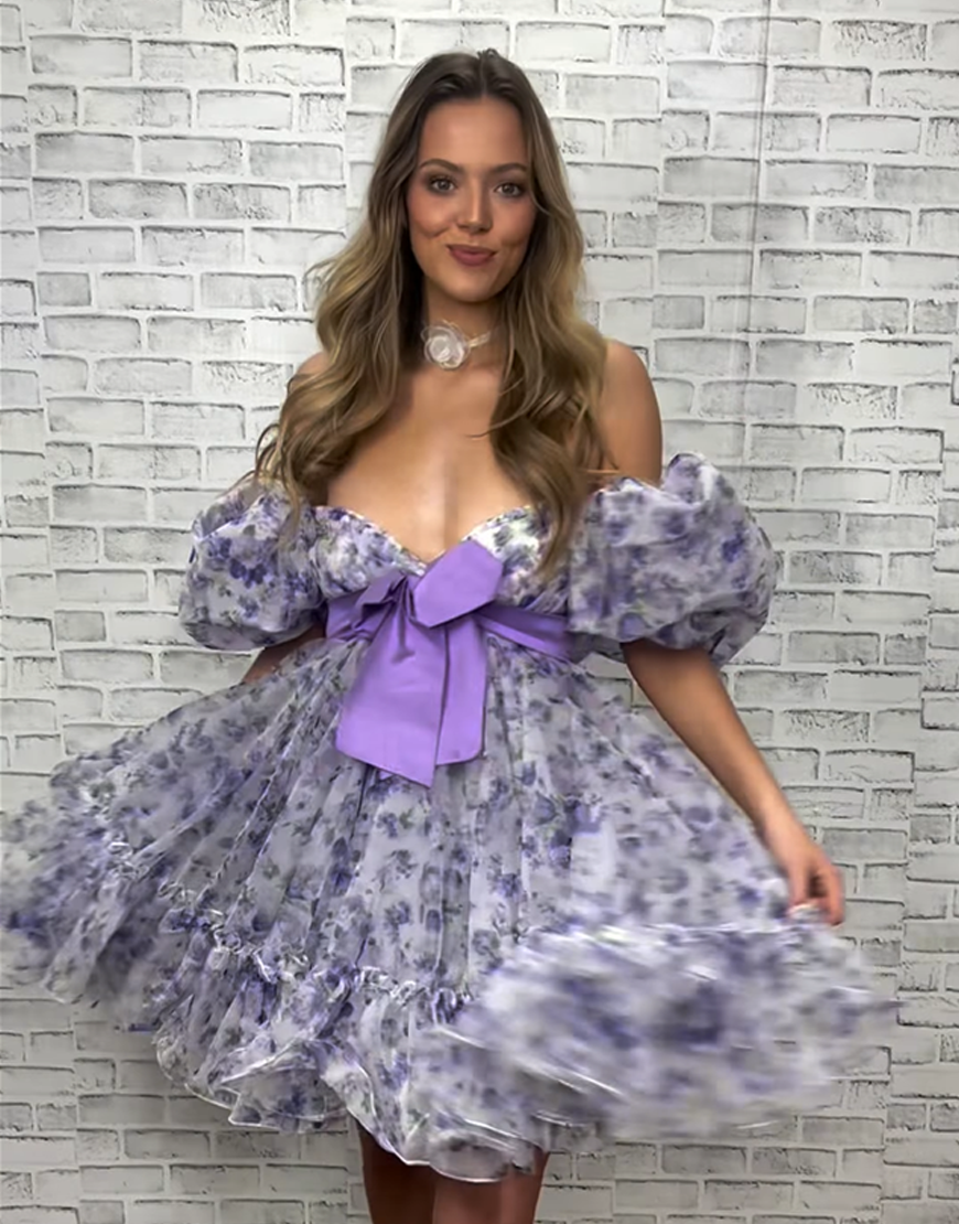 Pink Floral Ruffled A Line Short Homecoming Dress with Bow