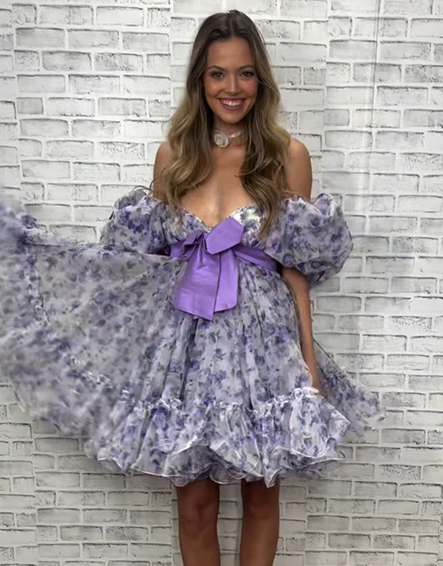 Pink Floral Ruffled A Line Short Homecoming Dress with Bow