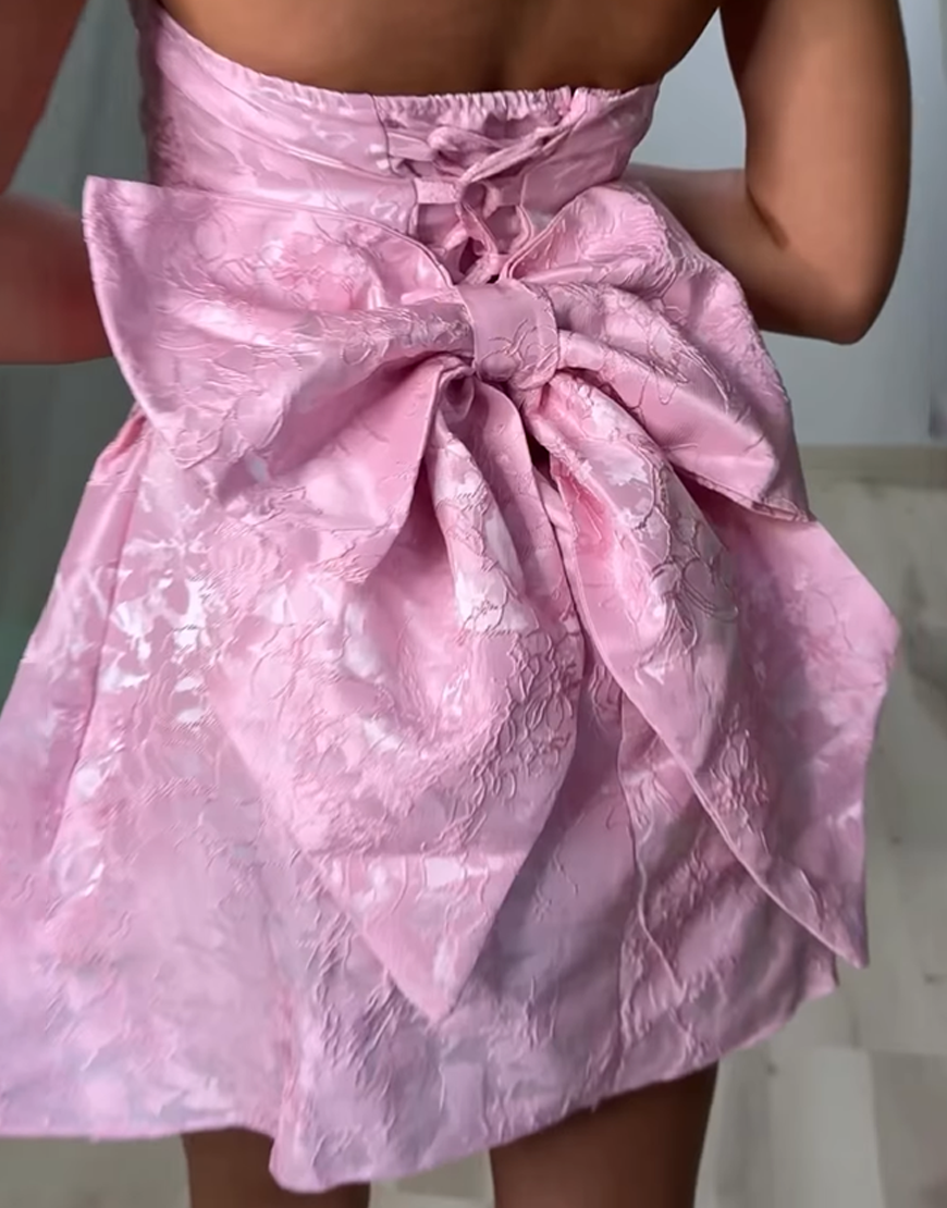 Pink Floral A Line Strapless Short Homecoming Dress with Bow