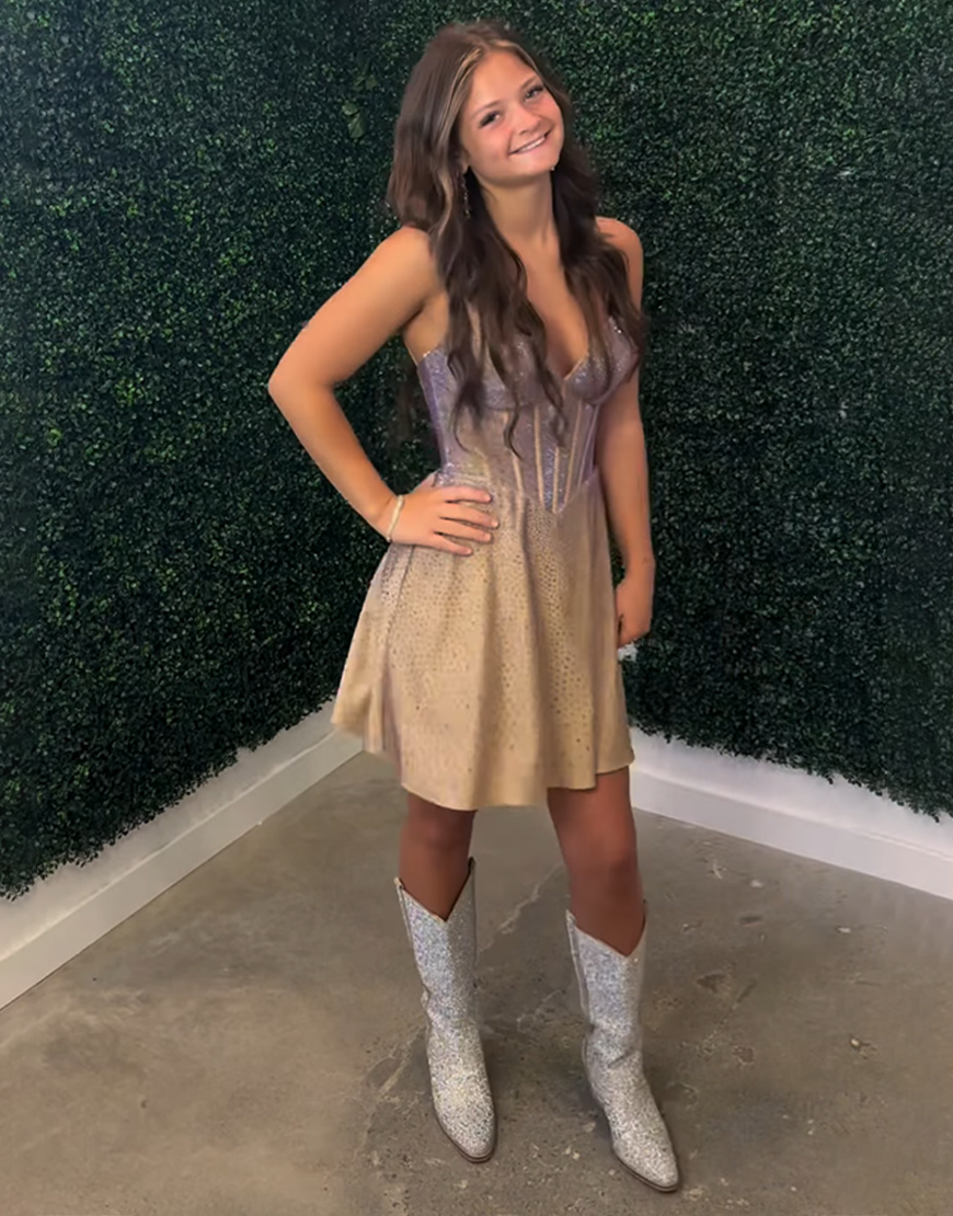 Sparkly Gold Beaded A Line Short Corset Homecoming Dress