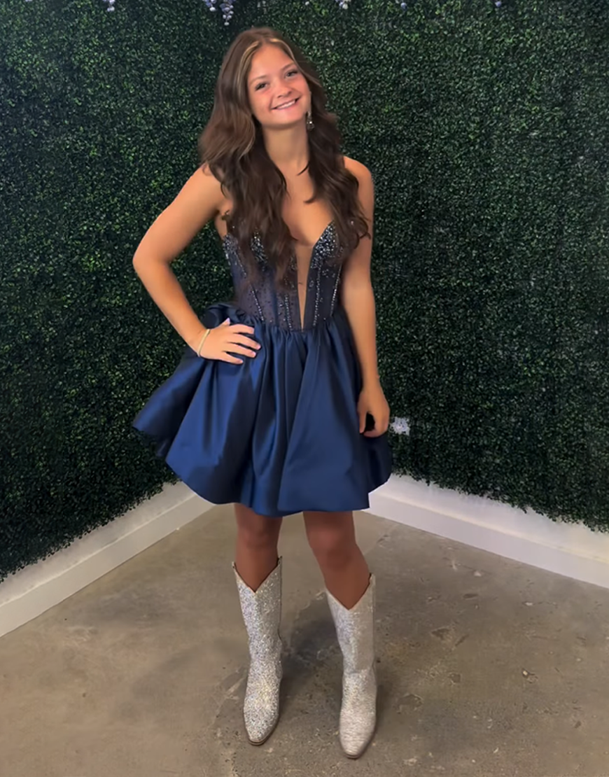 Sparkly Navy A Line Short Corset Homecoming Dress with Beading