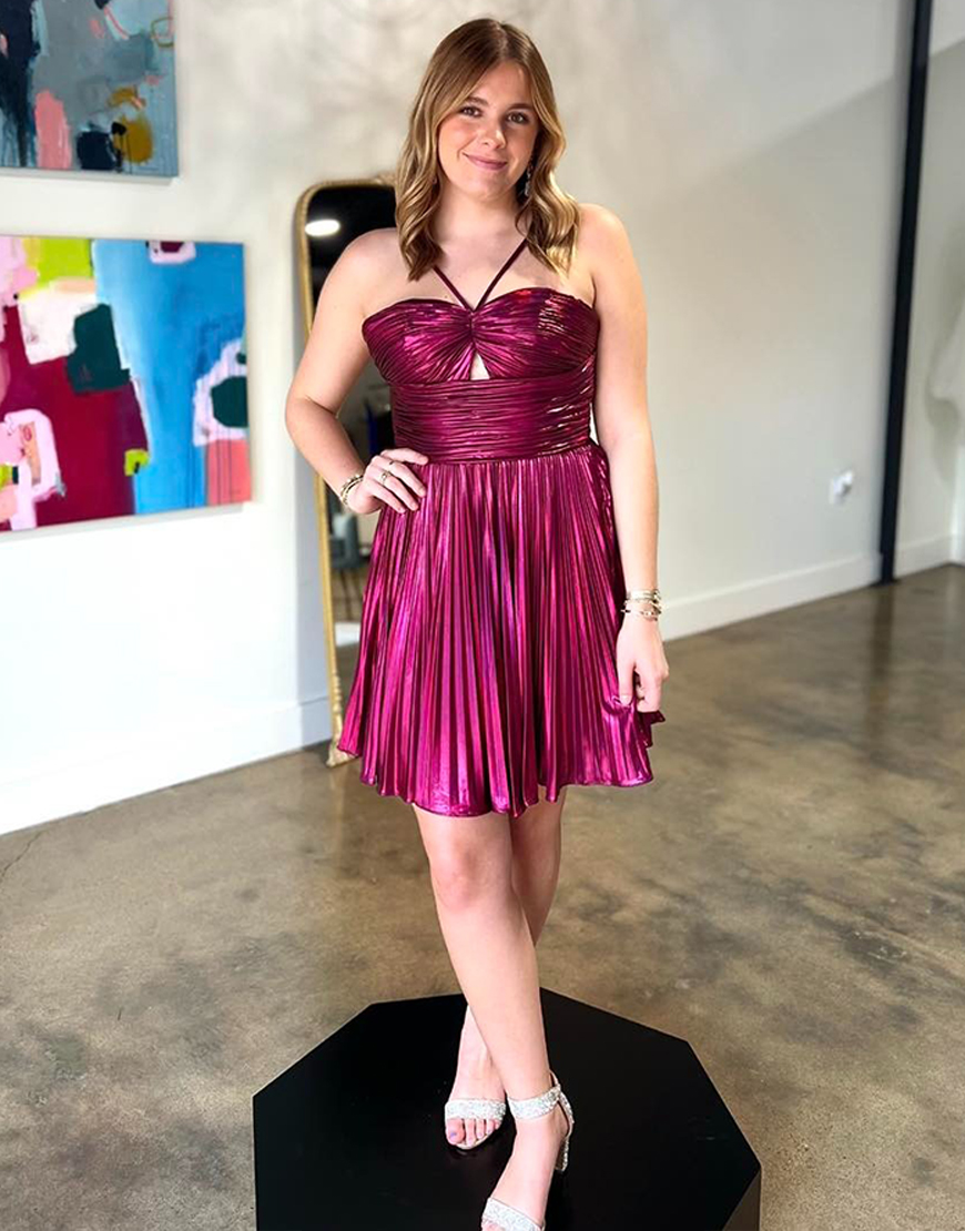 Silver Halter A Line Metallic Pleated Short Homecoming Dress