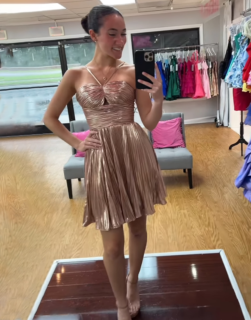 Silver Halter A Line Metallic Pleated Short Homecoming Dress