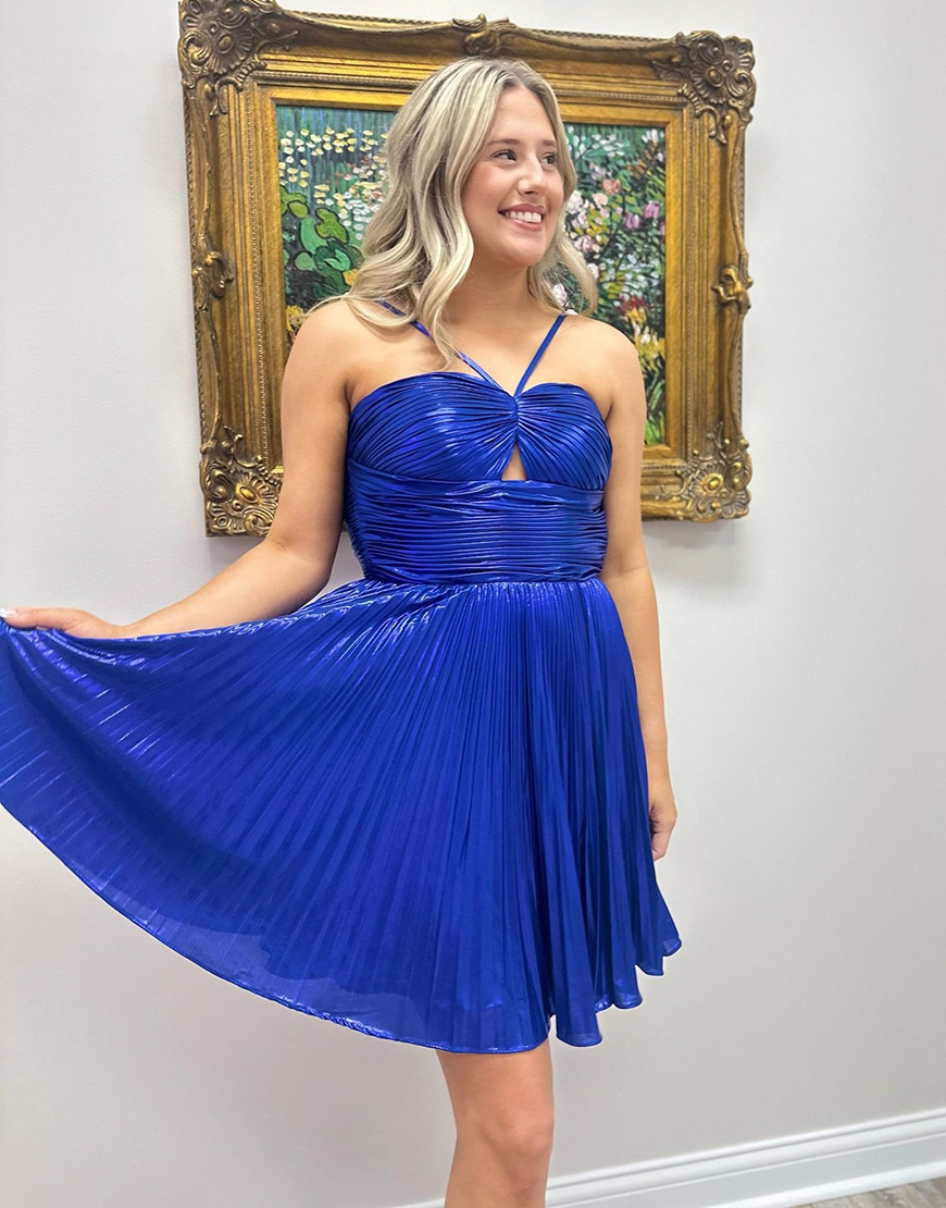 Silver Halter A Line Metallic Pleated Short Homecoming Dress