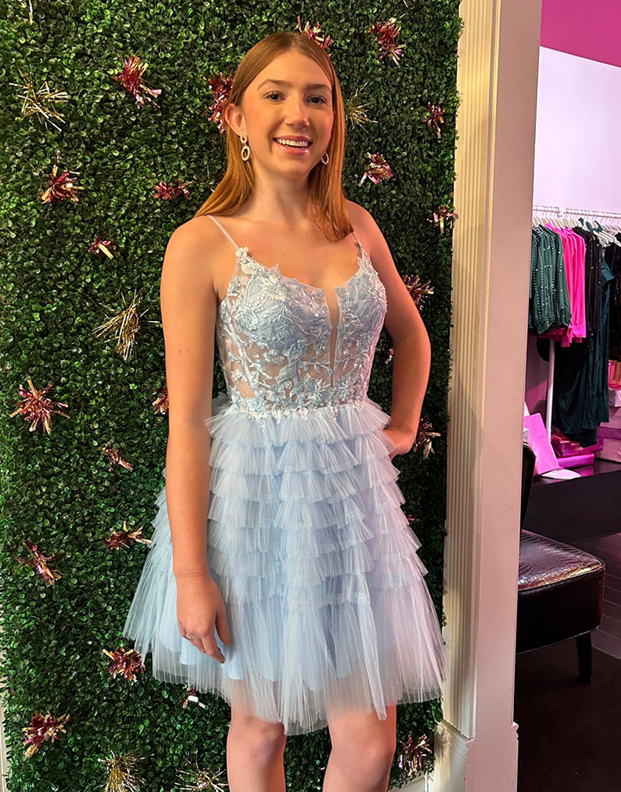 Grey Blue Ruffled Tiered Short Corset Homecoming Dress with Lace