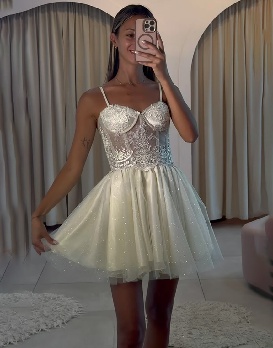 Glitter Beige A Line Short Corset Homecoming Dress with Lace