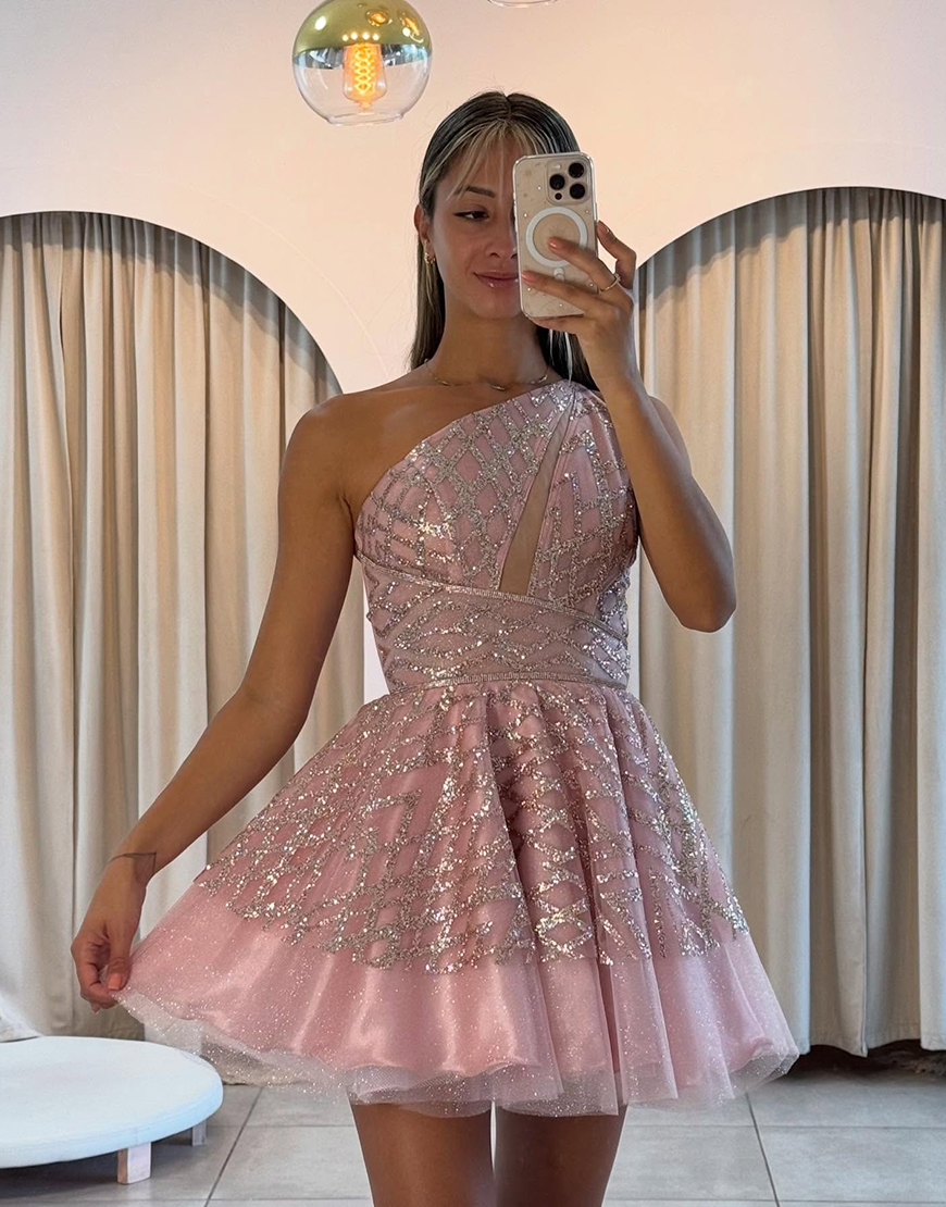 Sparkly Pink One Shoulder Tulle Short Homecoming Dress with Sequins