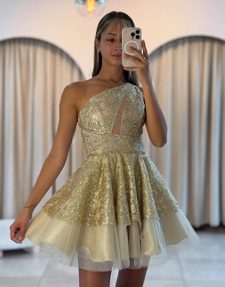 Sparkly Pink One Shoulder Tulle Short Homecoming Dress with Sequins