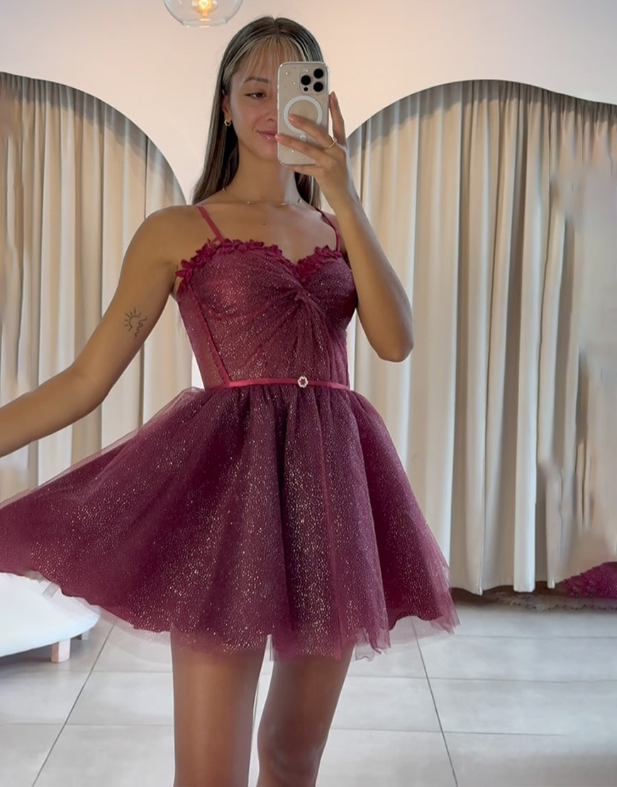 Glitter Maroon A Line Tulle Short Homecoming Dress with Ruffles