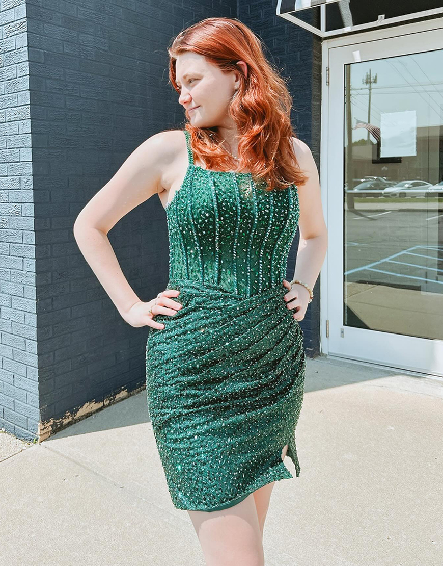 Sparkly Emerald Green Sequins Tight Short Corset Homecoming Dress