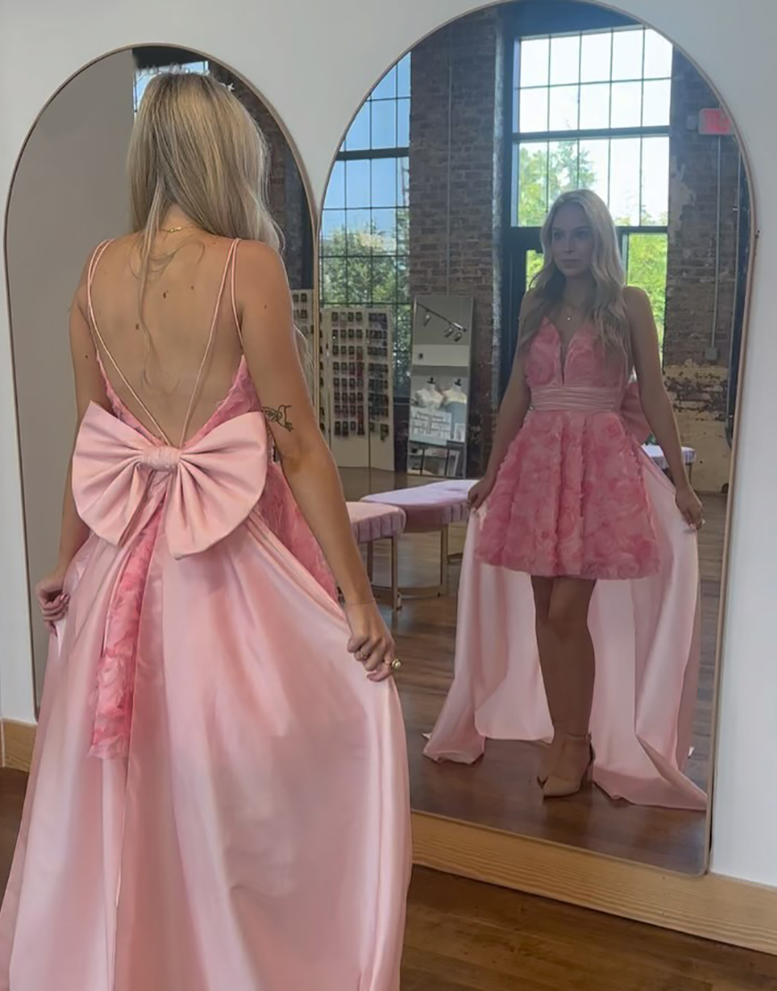 Pink Floral A Line High-Low Short Homecoming Dress