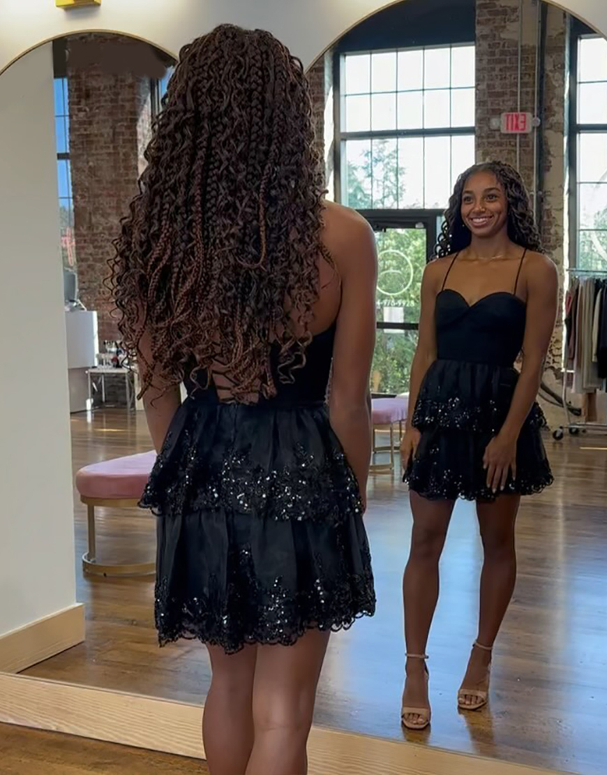 Sparkly Black A Line Ruffled Short Corset Homecoming Dress with Sequins