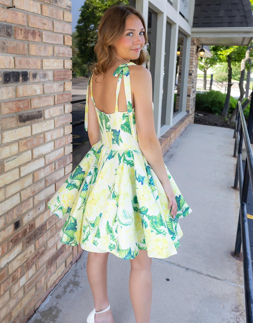 Yellow Floral Satin A Line Short Homecoming Dress