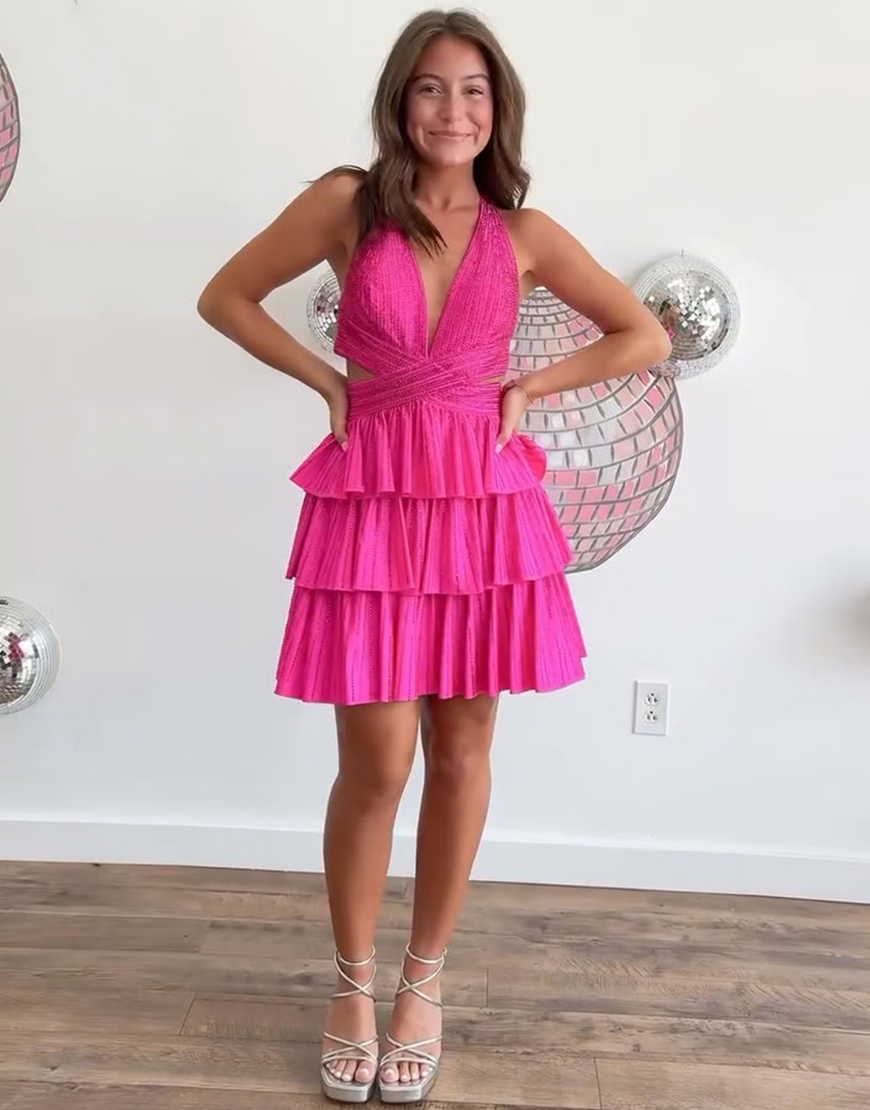 Sparkly Yellow Beaded A Line Short Homecoming Dress with Ruffles