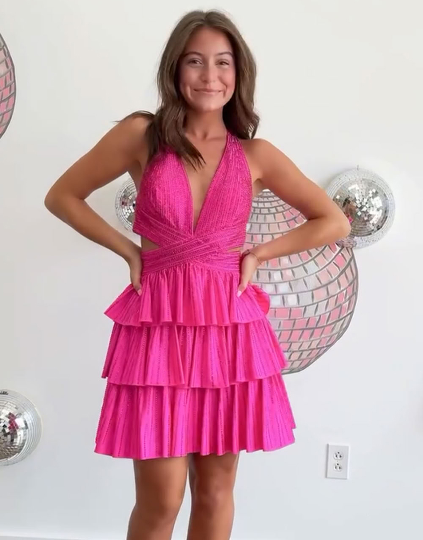 Sparkly Yellow Beaded A Line Short Homecoming Dress with Ruffles