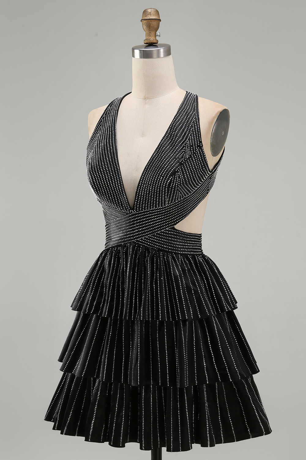 Sparkly Black Beaded A Line Short Homecoming Dress with Ruffles