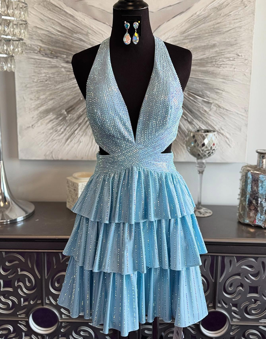 Sparkly Yellow Beaded A Line Short Homecoming Dress with Ruffles