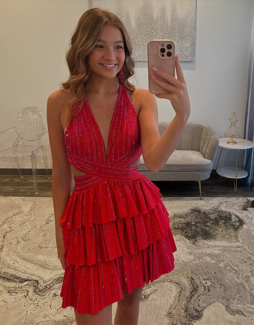 Sparkly Yellow Beaded A Line Short Homecoming Dress with Ruffles