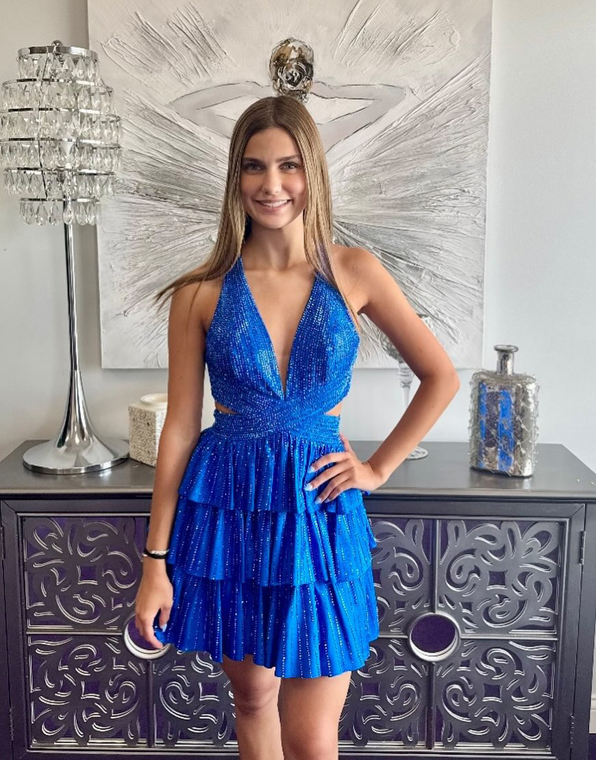 Sparkly Yellow Beaded A Line Short Homecoming Dress with Ruffles