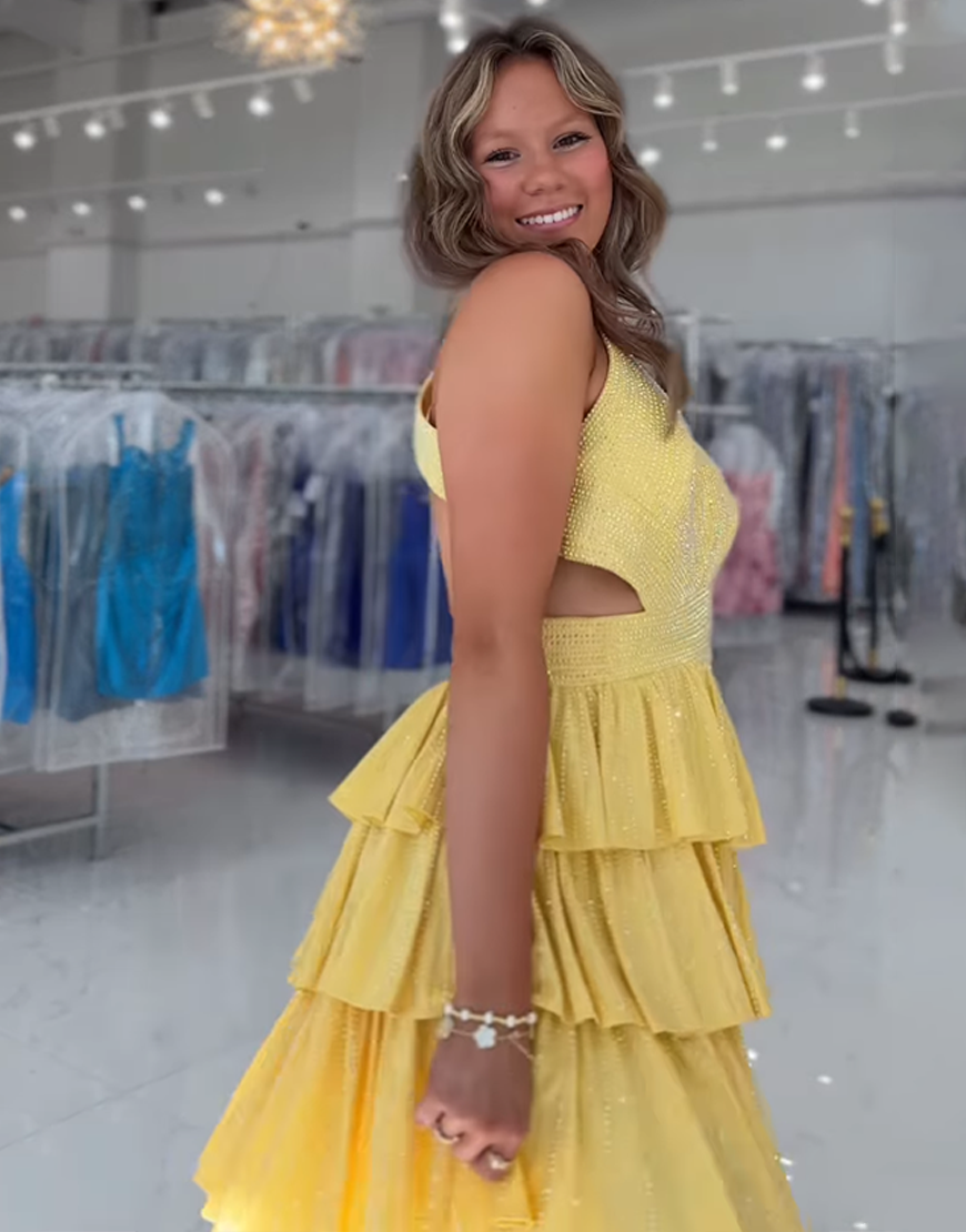 Sparkly Yellow Beaded A Line Short Homecoming Dress with Ruffles