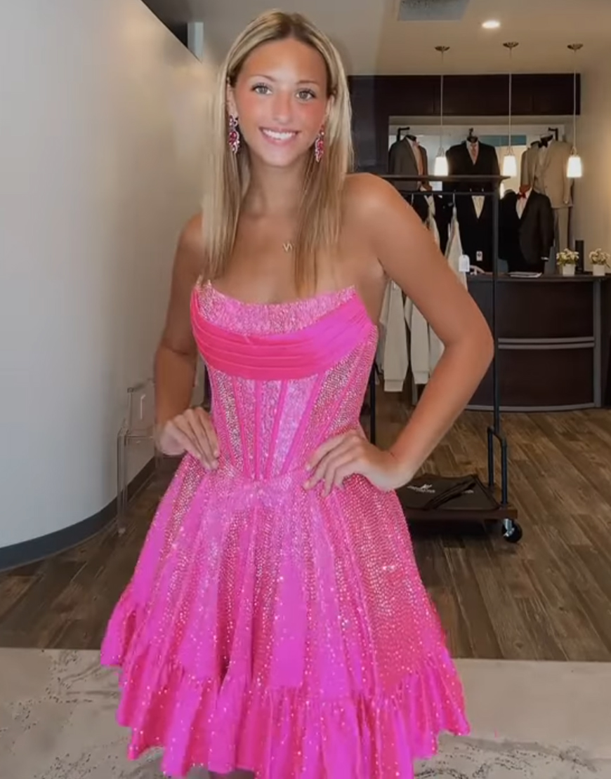 Sparkly Fuchsia Strapless Satin Short Corset Homecoming Dress with Beading 