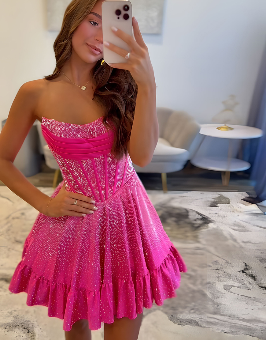 Sparkly Fuchsia Strapless Satin Short Corset Homecoming Dress with Beading 