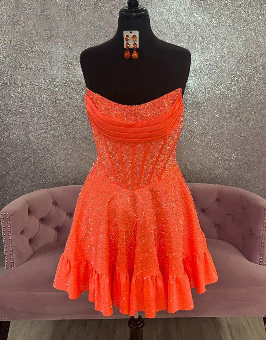 Sparkly Fuchsia Strapless Satin Short Corset Homecoming Dress with Beading 