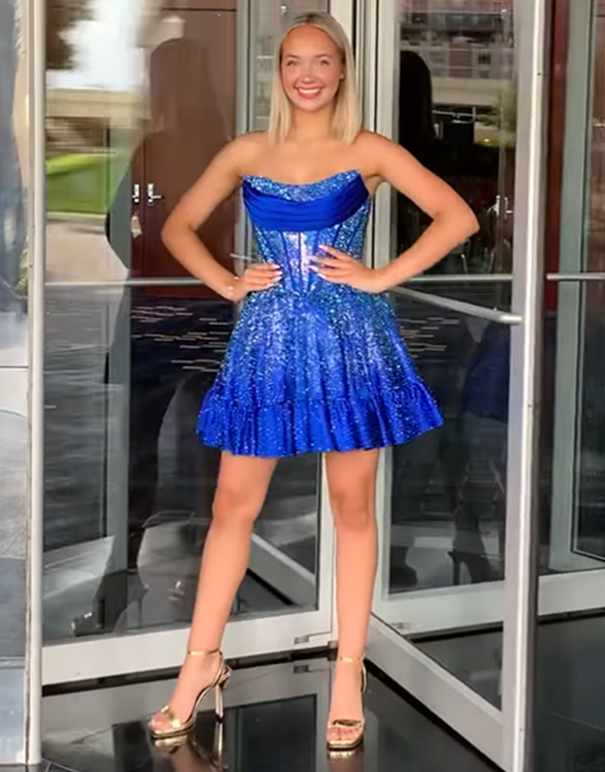 Sparkly Yellow Strapless Satin Short Corset Homecoming Dress with Beading 