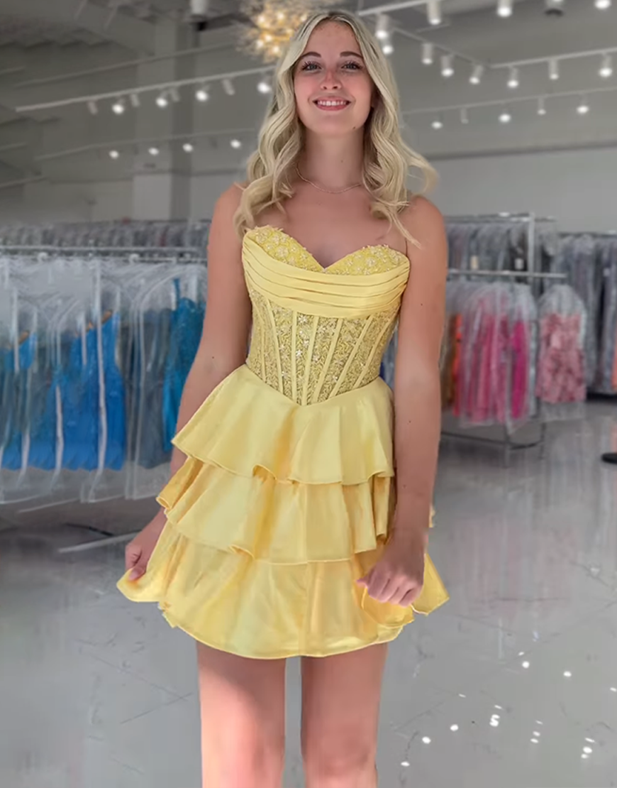 Yellow Satin A Line Short Corset Homecoming Dress with Lace
