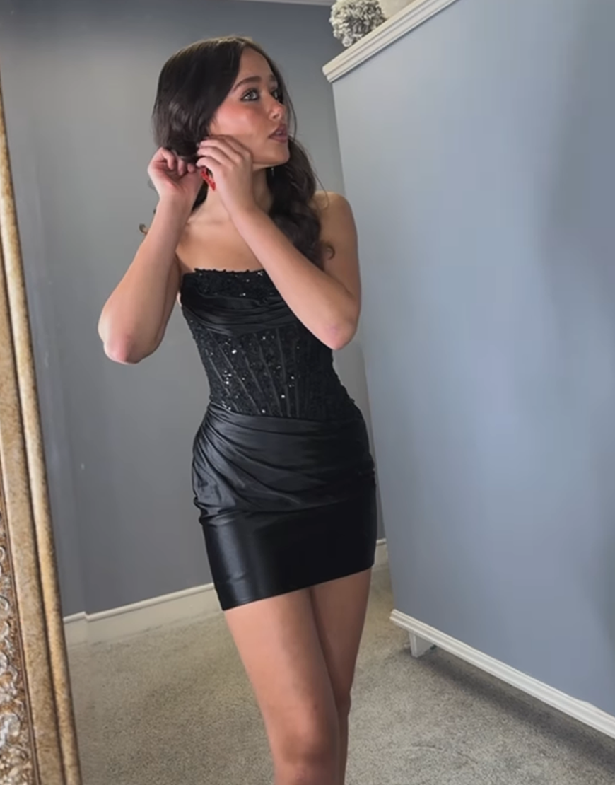 Sparkly Black Satin Short Corset Homecoming Dress with Lace