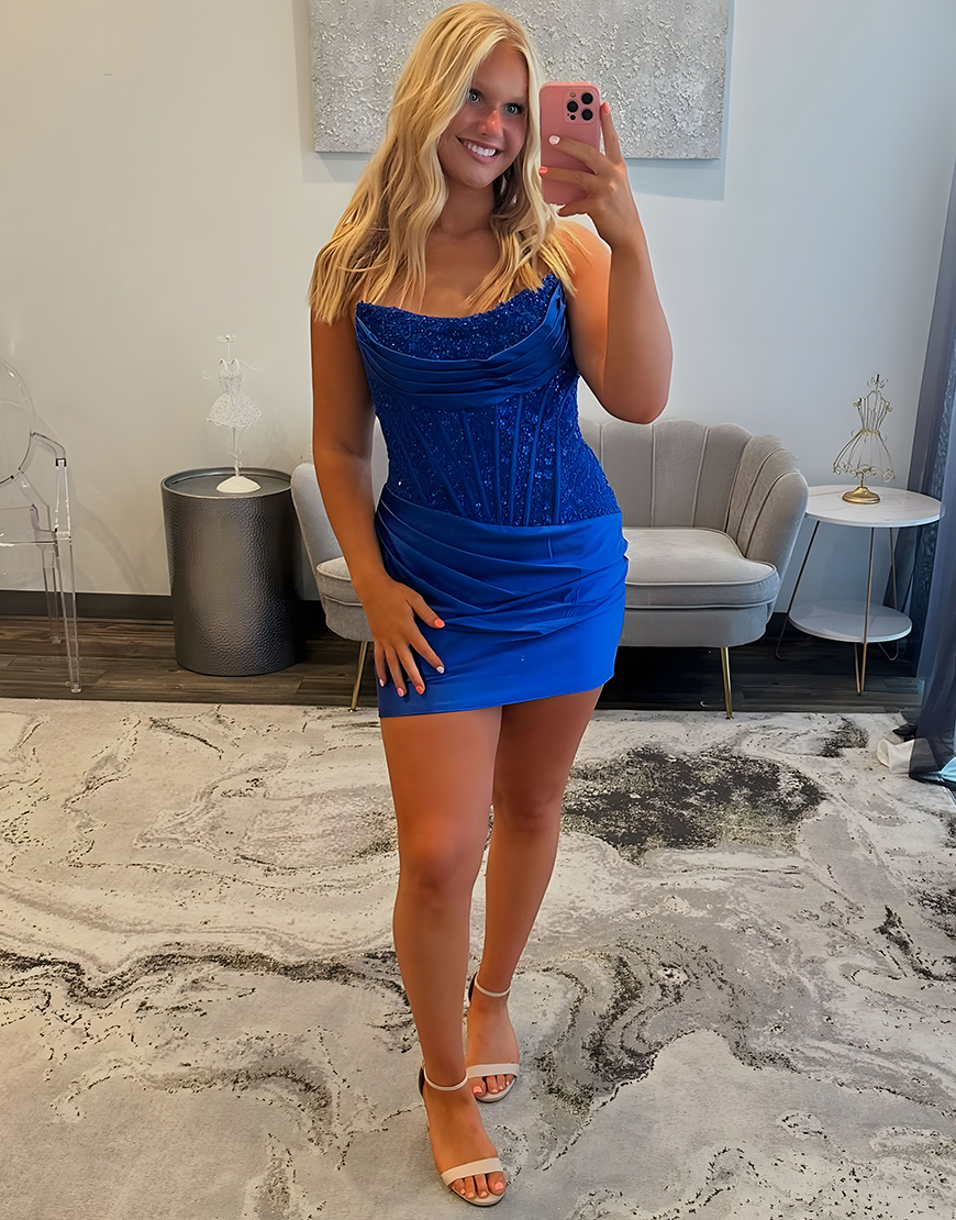 Sparkly Black Satin Short Corset Homecoming Dress with Lace