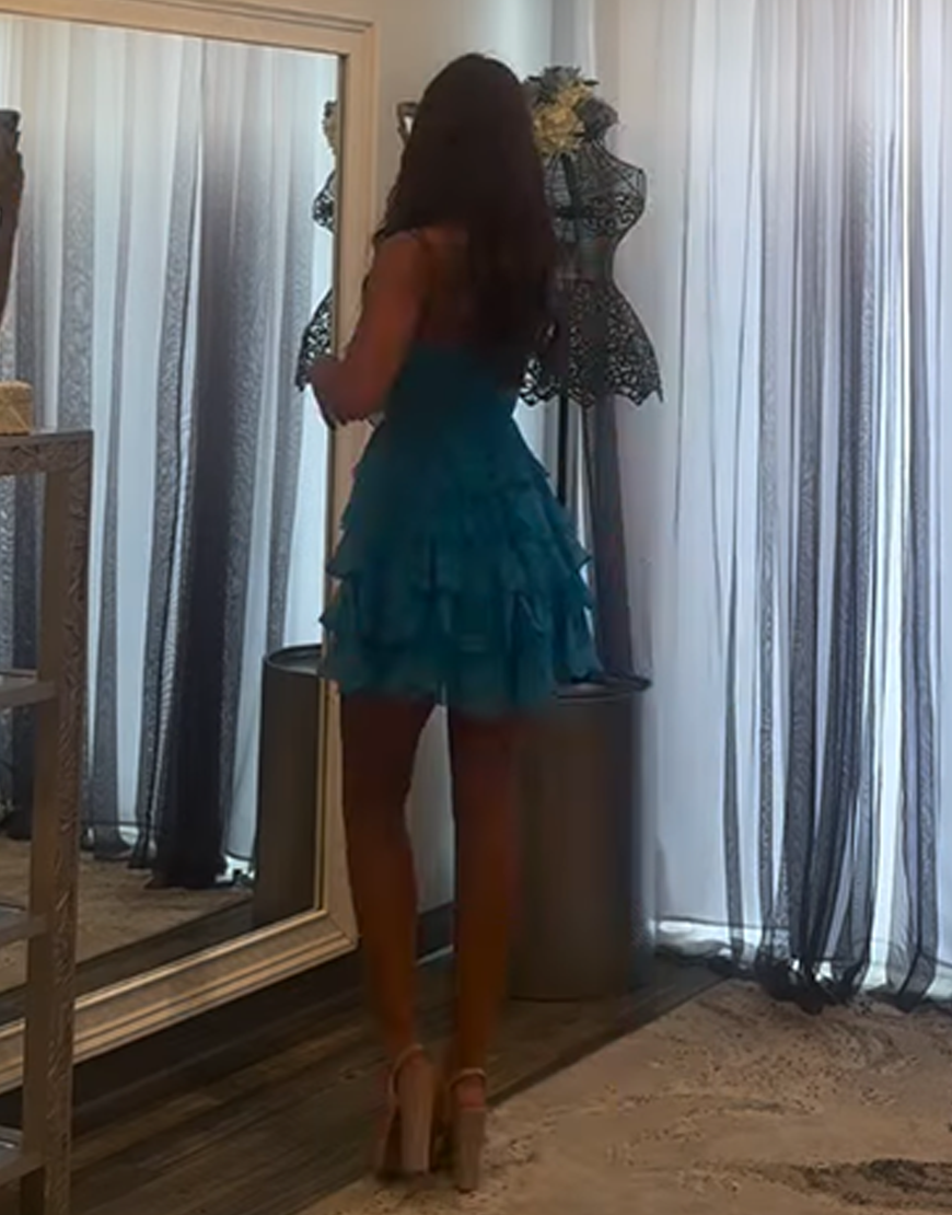 Blue A Line Ruffled Short Homecoming Dress with Bow