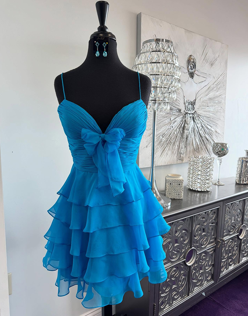 Blue A Line Ruffled Short Homecoming Dress with Bow