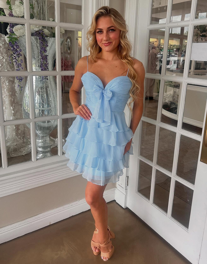 Blue A Line Ruffled Short Homecoming Dress with Bow