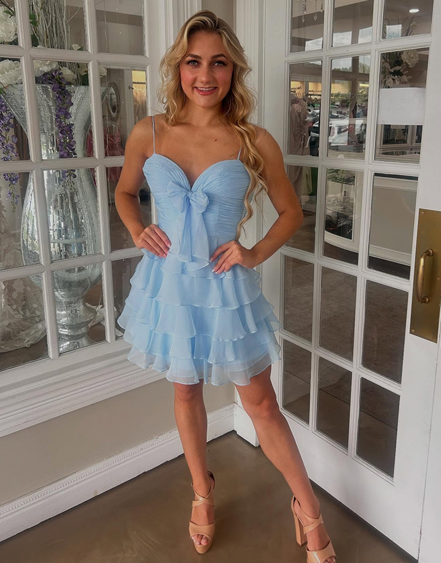 Blue A Line Ruffled Short Homecoming Dress with Bow