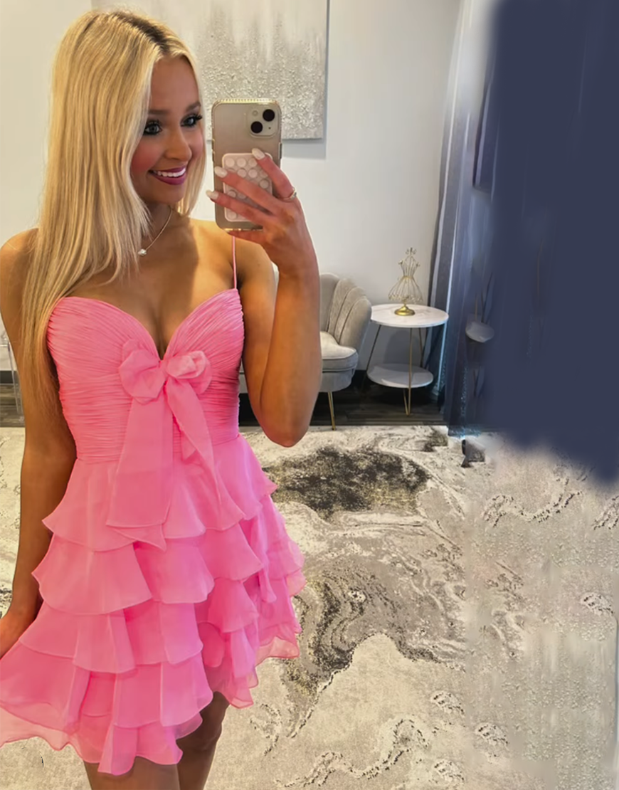 Blue A Line Ruffled Short Homecoming Dress with Bow