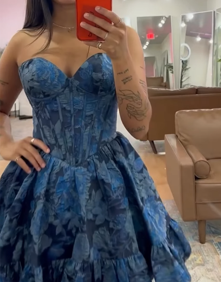 Navy Floral A Line Short Corset Homecoming Dress with Ruffles