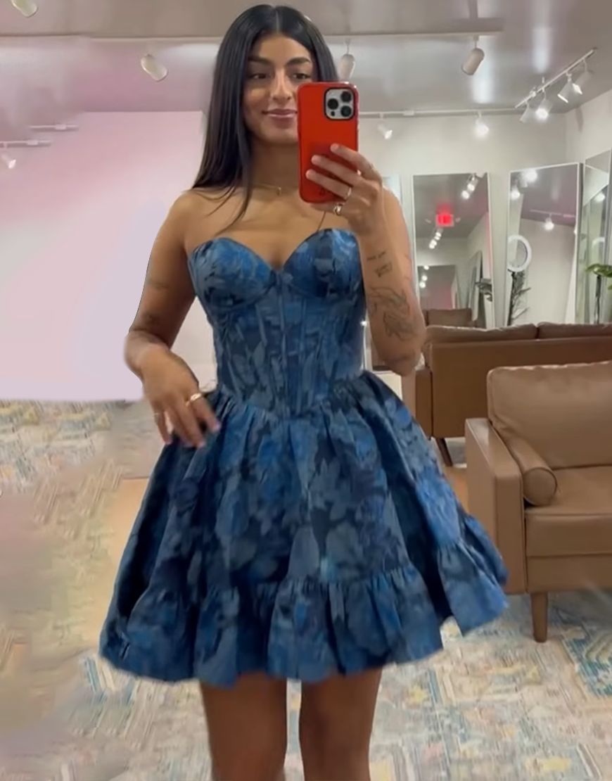 Navy Floral A Line Short Corset Homecoming Dress with Ruffles