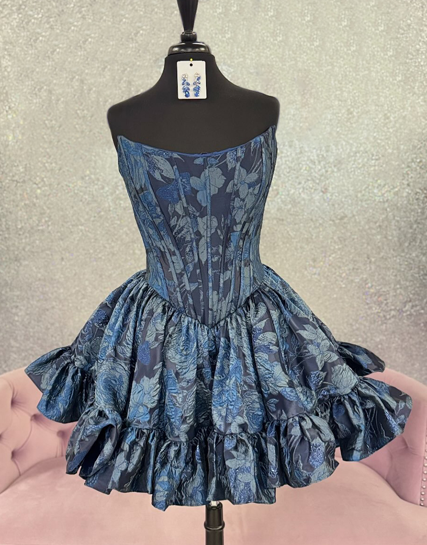 Navy Floral A Line Short Corset Homecoming Dress with Ruffles