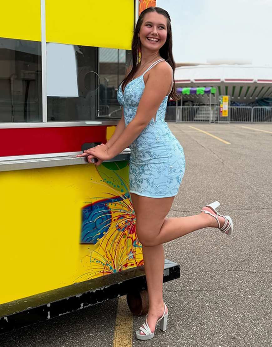 Sparkly Light Blue Tight Lace Short Homecoming Dress