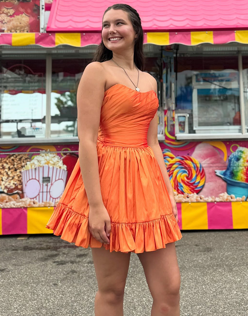 Orange A Line Ruffled Strapless Short Homecoming Dress with Pockets