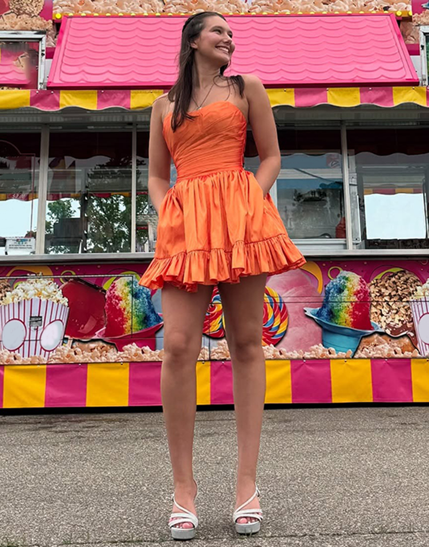Orange A Line Ruffled Strapless Short Homecoming Dress with Pockets