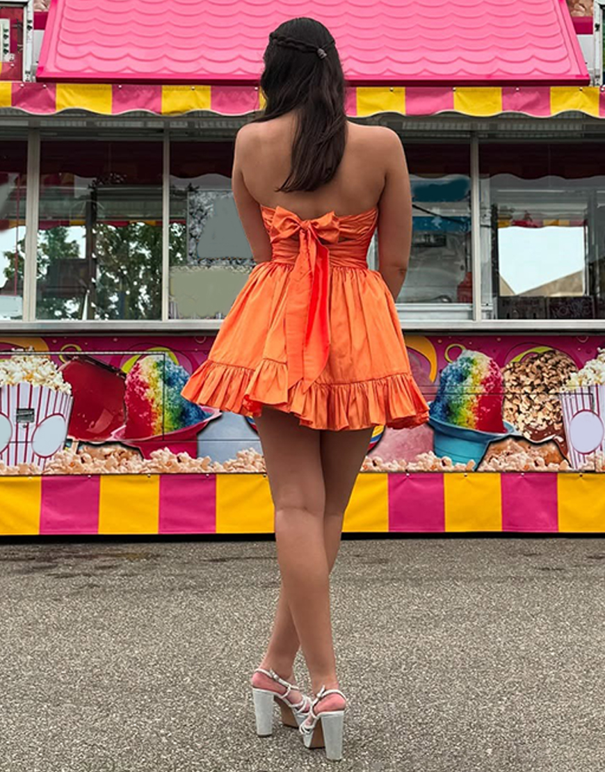 Orange A Line Ruffled Strapless Short Homecoming Dress with Pockets