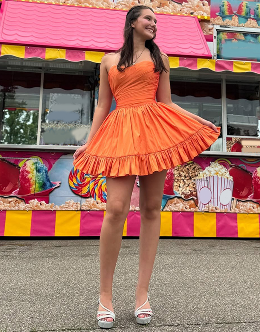 Orange A Line Ruffled Strapless Short Homecoming Dress with Pockets