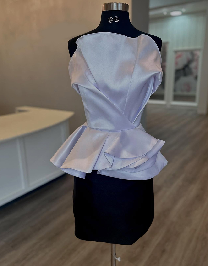 Black and White Strapless Short Satin Homecoming Dress with Ruffles