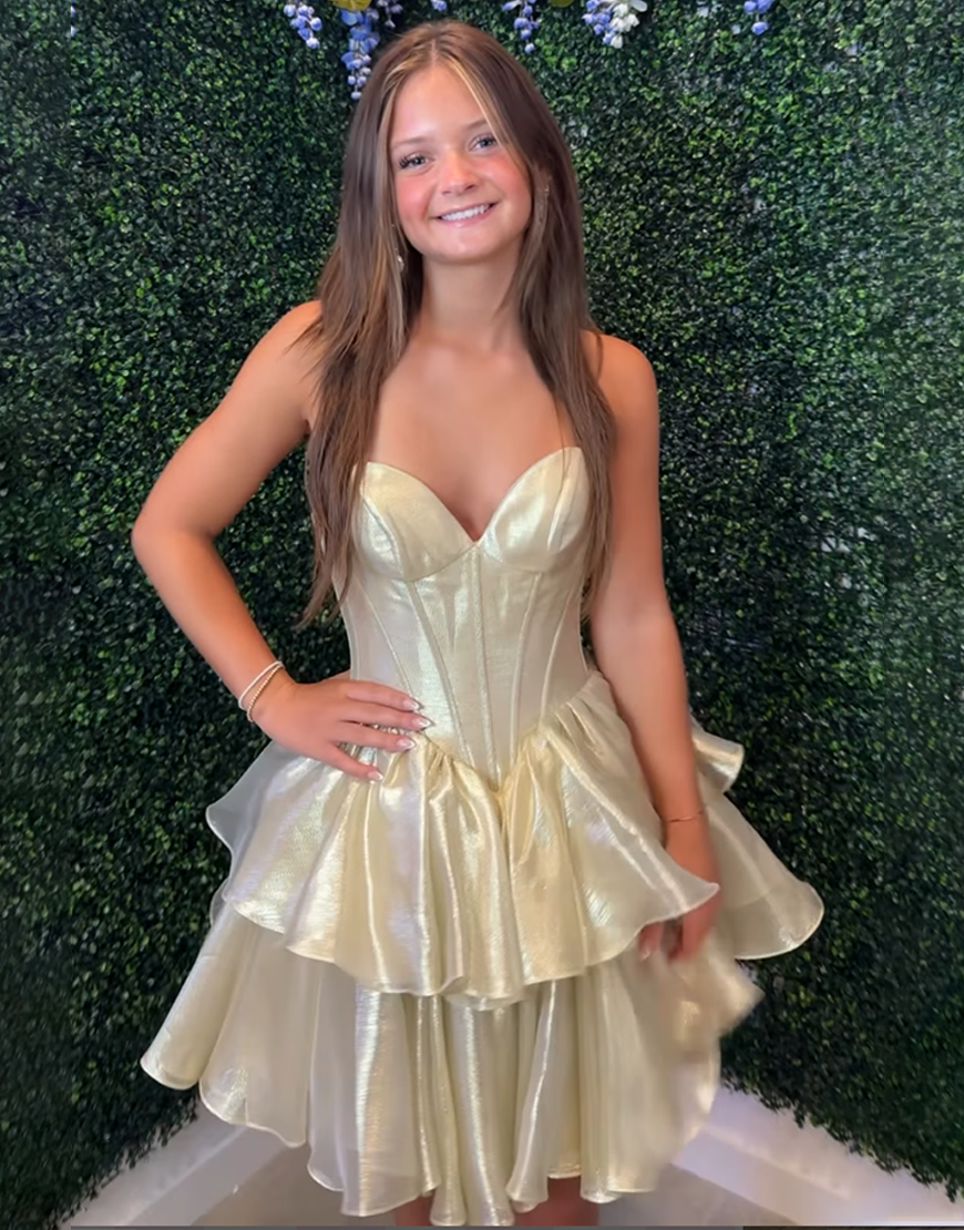 Sparkly Gold Tiered Organza Short Corset Homecoming Dress with Ruffles