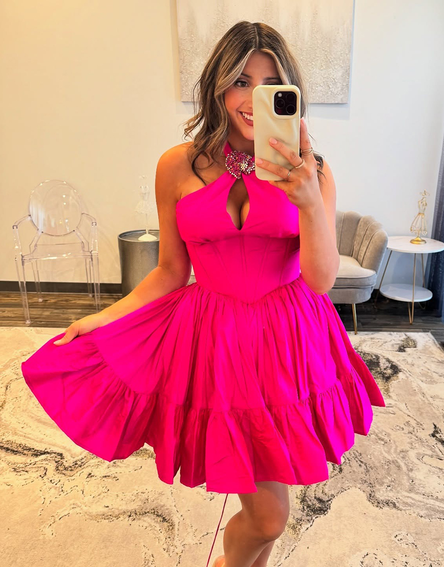 Sparkly Orange A Line Halter Short Corset Homecoming Dress with Ruffles