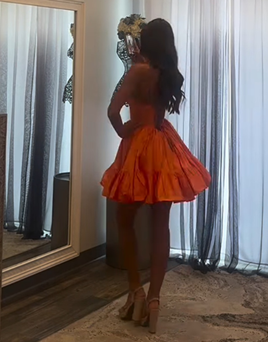 Sparkly Orange A Line Halter Short Corset Homecoming Dress with Ruffles