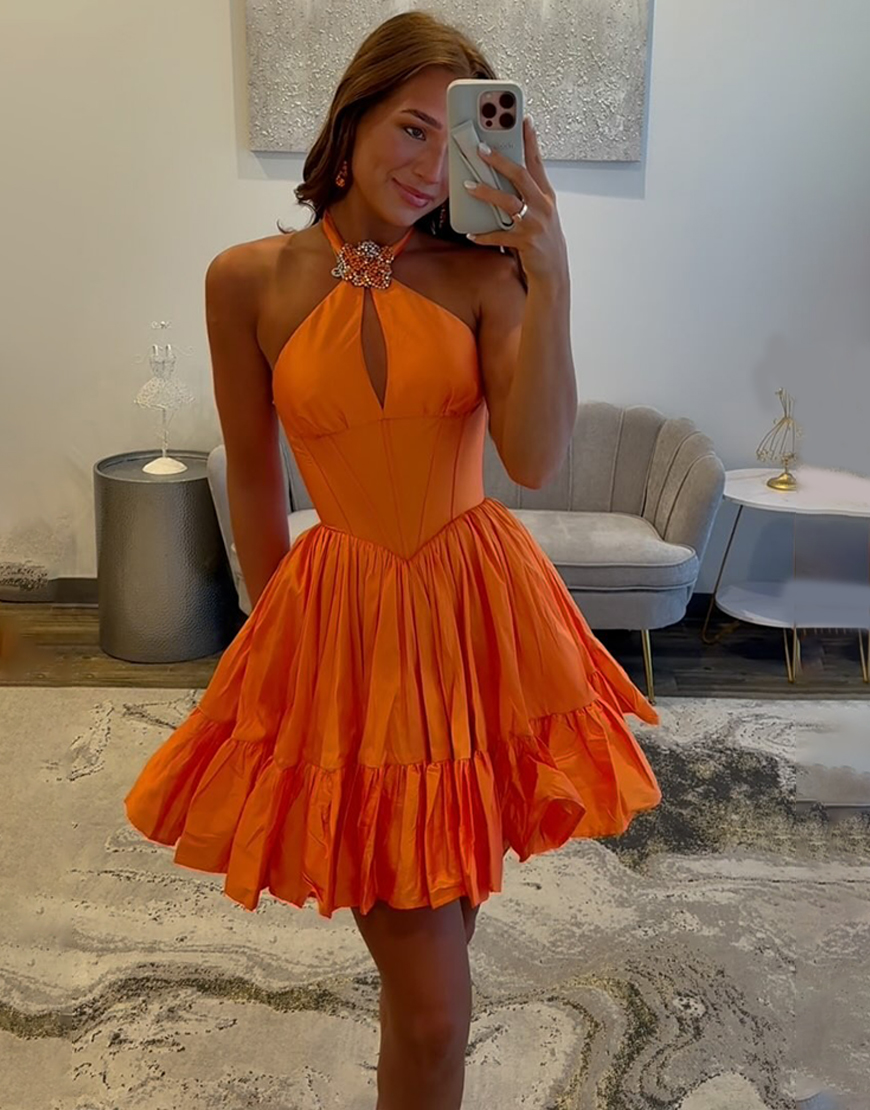 Sparkly Orange A Line Halter Short Corset Homecoming Dress with Ruffles